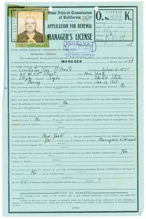 Lot #1191 Cus D?Amato: A year before the 1959 Patterson-Johansson bout, Cus D?Amato applies for his manager?s license - Image 1