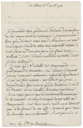 Lot #623 François-Marie Arouet Voltaire: Near death, Voltaire expresses his fear that the church will refuse burial based on his anti-religious beliefs: “The devout never forgive this type of sacrilege” - Image 1