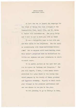 Lot #268 Helen Keller: Keller praises Katharine Cornell: “We had known of your ennobling work in the drama as a way to foster idealism in the people...and O, what a happiness it was when your sweet human love encircled us” - Image 2