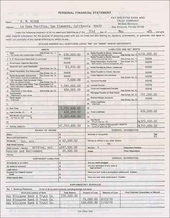 Lot #107 Richard Nixon: Nixon’s 1978 personal financial statement for Watergate figure Bebe Robozo’s Key Biscayne Bank - Image 1