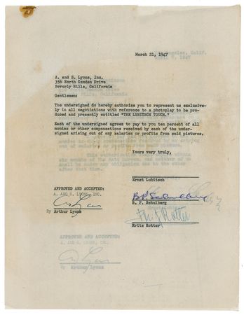 Lot #1033 Ernst Lubitsch: Lubitsch hires representation for a film titled “The Lubitsch Touch” a month after receiving his Academy Award - Image 1