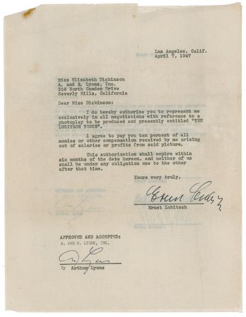 Lot #1033 Ernst Lubitsch: Lubitsch hires representation for a film titled “The Lubitsch Touch” a month after receiving his Academy Award - Image 2