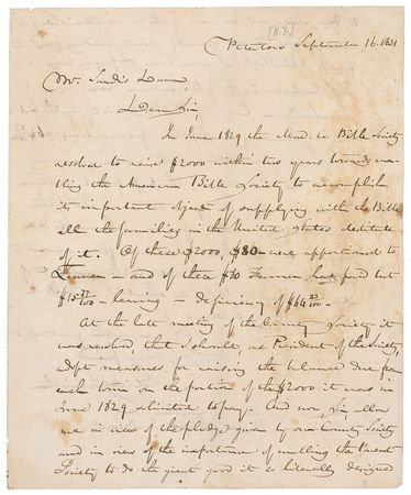 Lot #315 Gerrit Smith: An impassioned plea from abolitionist Gerrit Smith “to accomplish its important object of supplying with the Bible all the families of the United States” - Image 1