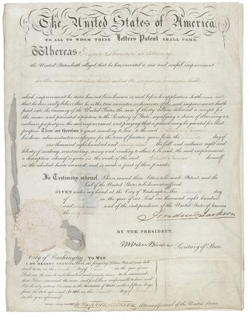 Lot #75 Andrew Jackson and Martin Van Buren: President Jackson and Secretary of State Van Buren approve an 1829 patent for “a new and useful improvement in the common wooden knob” - Image 1