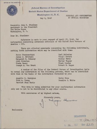 Lot #265 J. Edgar Hoover: In a declassified letter, Hoover covertly forwards information on suspected Communists within the Shoe Workers of America - Image 2