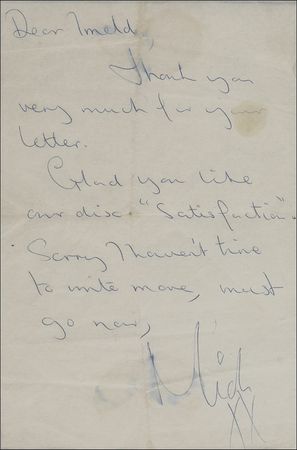 Lot #830 Rolling Stones: Mick Jagger: “Glad you like our disc ‘Satisfaction’” A young Jagger thanks a female fan early in the Stones’ career - Image 2
