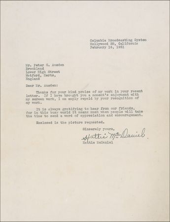 Lot #970 Gone With the Wind: Hattie McDaniel: Academy Award winning Mammy accepts a fan’s gracious compliments: “If I have brought you a moment’s enjoyment with my screen work, I am amply repaid by your recognition of my work” - Image 1
