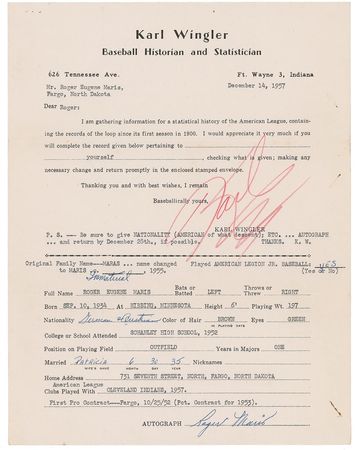 Lot #1256 Roger Maris: Insightful 1957 Roger Maris questionnaire from the Cleveland rookie - Image 1