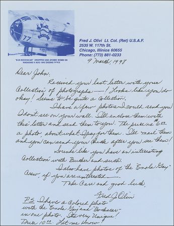 Lot #377 Enola Gay: Fred Olivi: “I have a colored photo with the ‘Enola Gay’ and ‘Bockscar’ in one photo. It’s very unique!” - Image 1