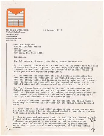Lot #804 Charles Mingus: Mingus licenses ‘Revelations,’ the song that established him as one of the foremost jazz composers - Image 1
