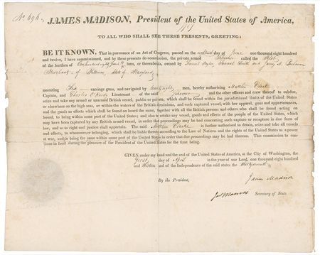 Lot #96 James Madison and James Monroe: In the midst of the War of 1812, Madison and Monroe authorize the schooner Pilot to seize British ships - Image 1