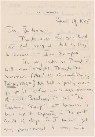 Lot #1064 Paul Newman: Uncertain of his future and citing ?what Broadwayites call ?The Seasonal Slump,?? a 30-year old Newman remains optimistic as attendance rallies - Image 1