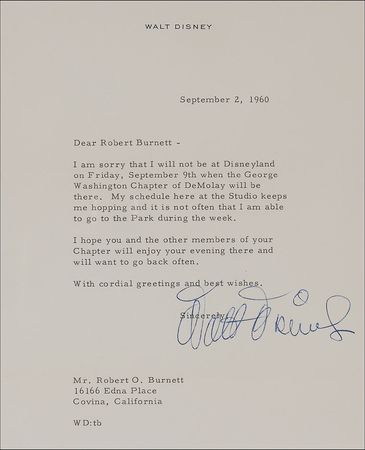 Lot #643 Walt Disney: “I am sorry that I will not be at Disneyland…my schedule here at the Studio keeps me hopping” Disney regrets being able to meet a fellow DeMolay member - Image 2