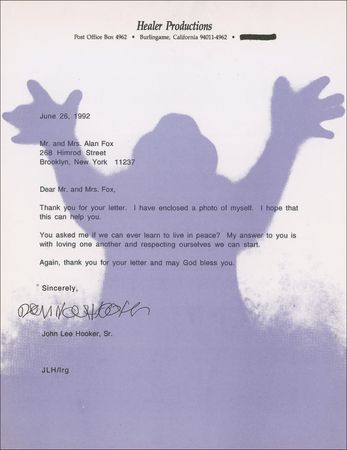 Lot #773 John Lee Hooker: ?You asked me if we can ever learn to live in peace? My answer to you is with loving one another and respecting ourselves we can start? - Image 1