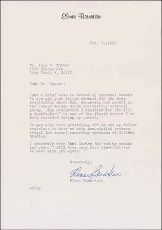 Lot #732 Elmer Bernstein: ?The nomination I received for ?To Kill a Mockingbird? is one of the finest honors I?ve been accorded? - Image 2