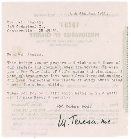 Lot #267 Mother Teresa Typed Letter Signed - Image 1
