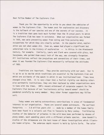 Lot #447 Carl Sagan: Sagan advocates admission of women to The Explorers Club: ?It is very clear that a foolish rigidity can destroy otherwise worthwhile institutions? - Image 1