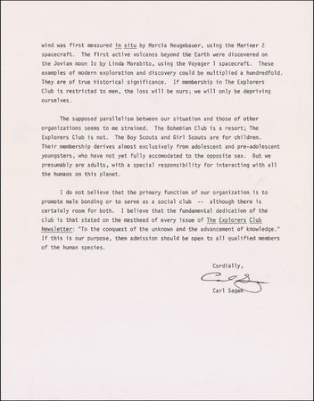 Lot #447 Carl Sagan: Sagan advocates admission of women to The Explorers Club: ?It is very clear that a foolish rigidity can destroy otherwise worthwhile institutions? - Image 2