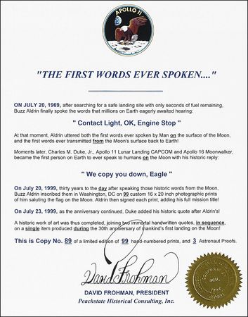 Lot #399 Apollo 11: Aldrin and Duke First Words Spoken Ltd Edition Print - Image 1