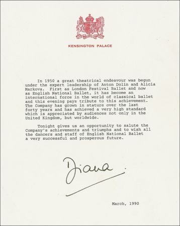 Lot #194 Diana: A real life ‘ballerina princess’ praises the English National Ballet - Image 1