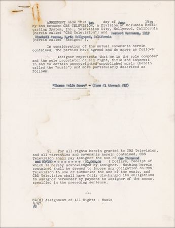 Lot #739 Bernard Herrmann Signed Document - Image 1