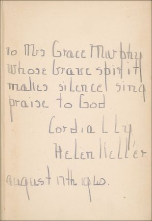 Lot #245 Helen Keller: Keller inscribes her essays on Socialism to a woman ?whose brave spirit makes silence sing praise to God? - Image 1