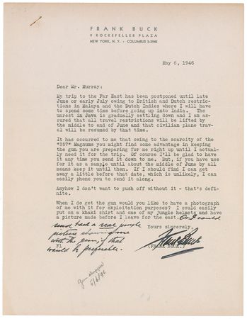 Lot #893 Frank Buck: “Would you like to have a photograph of me with [the gun] for exploitation purposes? I could easily put on a khaki shirt and one of my jungle helmets and have a picture made” the Bring ‘Em Back Alive author orders a .357 Magnum - Image 2