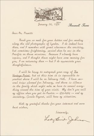 Lot #76 Lady Bird Johnson: “President Johnson was a man who wanted his friends around him while he was alive...I know that he would have felt warm and comforted that you wrote” - Image 2