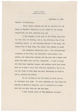 Lot #247 Helen Keller: Returning from a 1954 visit to Martha?s Vineyard and ?a real talk with Mrs. Roosevelt,? Keller graciously thanks her famous hostess - Image 1