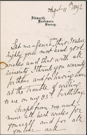 Lot #562 Alfred Lord Tennyson: Lord Tennyson graciously sends thanks for 1892 birthday greetings—his last - Image 1