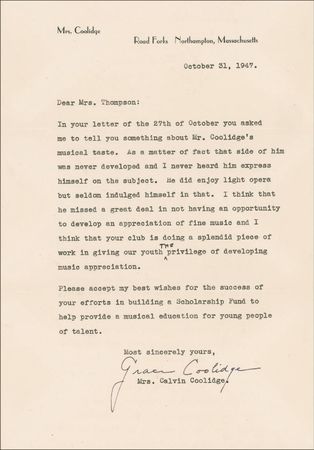 Lot #37 Grace Coolidge: “I think that he missed a
