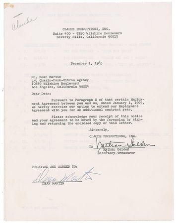 Lot #1000 Dean Martin Signed Document - Image 1