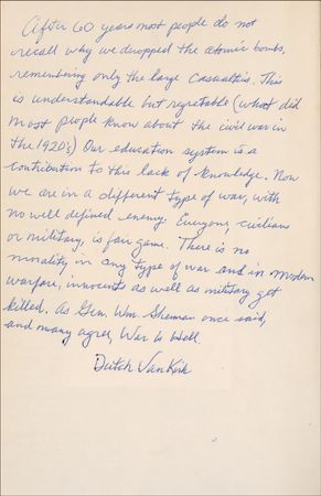 Lot #335 Enola Gay: Enola Gay crew members share their insights on ending World War II: “There is no morality in any type of war, and in modern warfare, innocents as well as military get killed” - Image 1