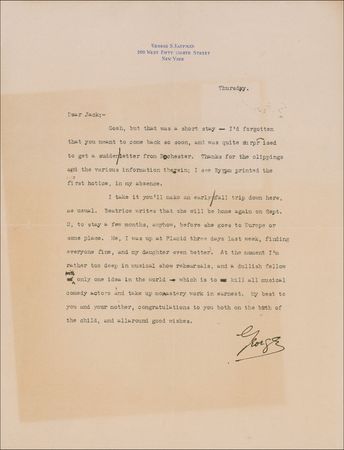 Lot #513 George S. Kaufman: Defending his tardiness to studio exec Jack Warner, Kaufman combats ?a dullish fellow with only one idea in the world - which is to kill all musical comedy actors and take up monastery work? - Image 1