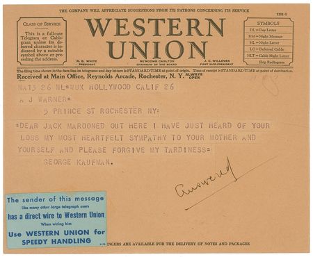 Lot #513 George S. Kaufman: Defending his tardiness to studio exec Jack Warner, Kaufman combats ?a dullish fellow with only one idea in the world - which is to kill all musical comedy actors and take up monastery work? - Image 2