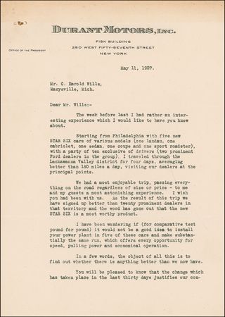 Lot #200 William Crapo Durant: Writing to noted manufacturer C. Harold Wills, the GM founder recounts “a most astonishing experience”—a four-day test drive - Image 1