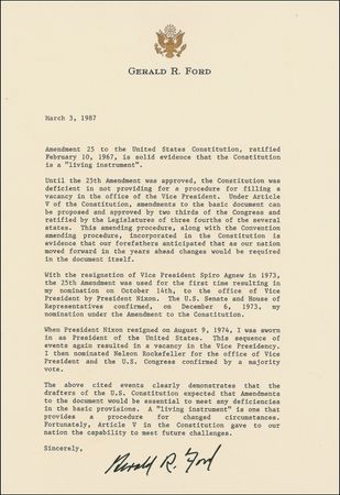 Lot #52 Gerald Ford: “On August 9, 1974, I was sworn in as President of the United States”—Ford recounts the efficiency of the US Constitution - Image 1