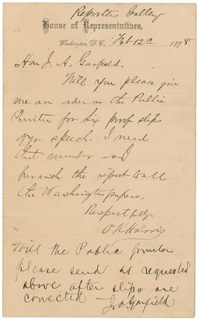 Lot #53 James A. Garfield: Garfield, as an Ohio congressman, requests proof slips of an 1878 speech - Image 1