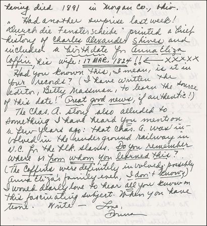 Lot #1039 Donna Reed: Reed digs into her family history: “Chas. A was involved in the underground railway in N.C. for the blk. Slaves. Do you remember where or from whom you learned this?” - Image 2