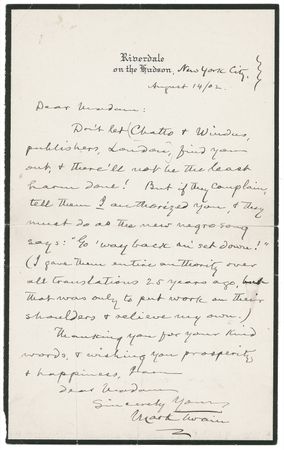 Lot #485 Samuel L. Clemens: Clemens? witty advice for dealing with his publisher: ?They must do as the new negro song says: ?Go ?way back an? set down!?? - Image 1
