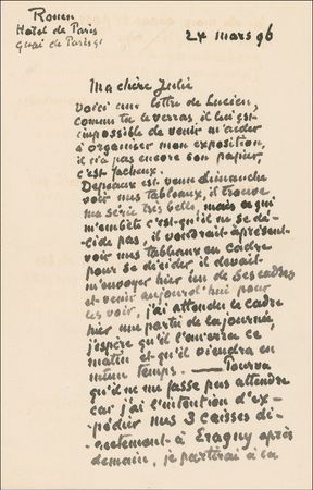 Lot #539 Camille Pissarro: Fabulous art-themed letter from a leading Impressionist to his wife during his inspirational 1896 stay in Rouen - Image 1