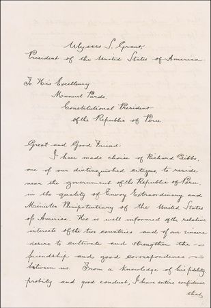 Lot #83 U. S. Grant: President Grant sends an official letter of State to the Peruvian president - Image 1