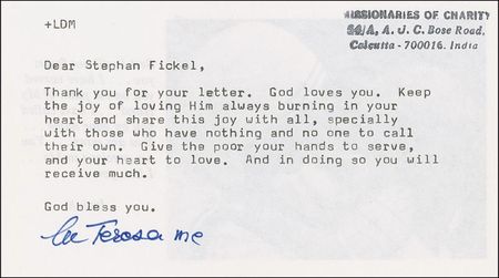 Lot #337 Mother Teresa Typed Letter Signed - Image 1