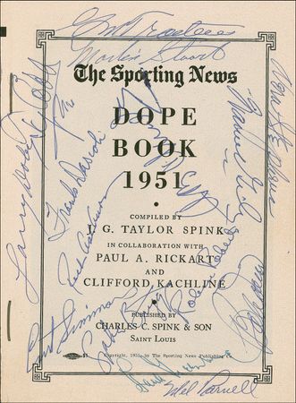 Lot #1239 Baseball Stars: Cobb and Greenberg join several other Hall of Famers in the 1951 Dope Book - Image 1