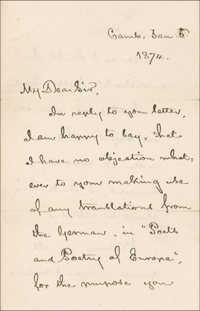 Lot #599 Henry Wadsworth Longfellow: “I have no objection whatever to you making use of any translations from the German ‘Poets and Poetry of Europe’” - Image 1