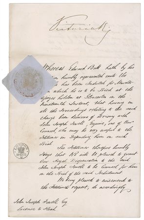 Lot #352 Queen Victoria: Queen Victoria appoints a defense attorney following a deadly shooting over the 1873 Gloucester Cheese Fair - Image 1