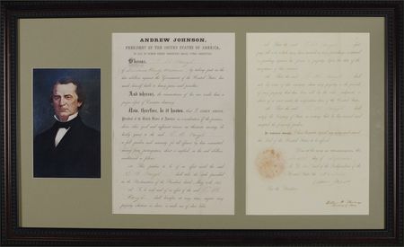 Lot #112 Andrew Johnson: Johnson absolves a rebel ?for all offenses...in the said rebellion? provided he rejects all future use of slave labor - Image 1