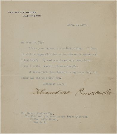 Lot #195 Theodore Roosevelt: A heavy workload derails TR’s plans to address the National Arbitration and Peace Congress - Image 2