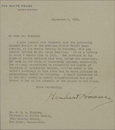 Lot #100 Herbert Hoover: President Hoover pays tribute to Alice Hamilton for her selfless dedication to work-related diseases - Image 2