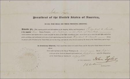 Lot #216 John Tyler and John C. Calhoun: Tyler and his secretary of state appoint a Deputy Postmaster - Image 1